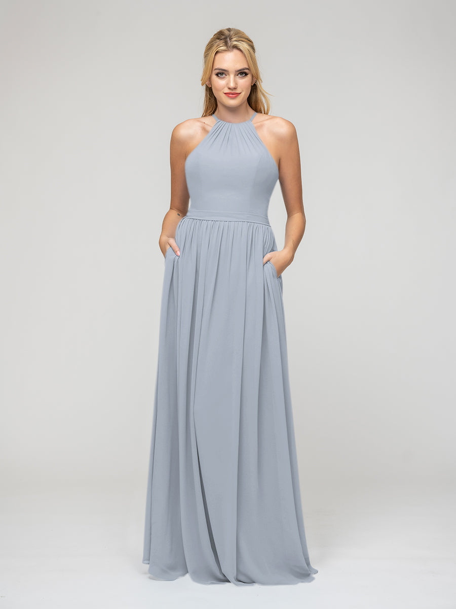 Pleats Bodice Chiffon Halter A Line Bridesmaid Dresses