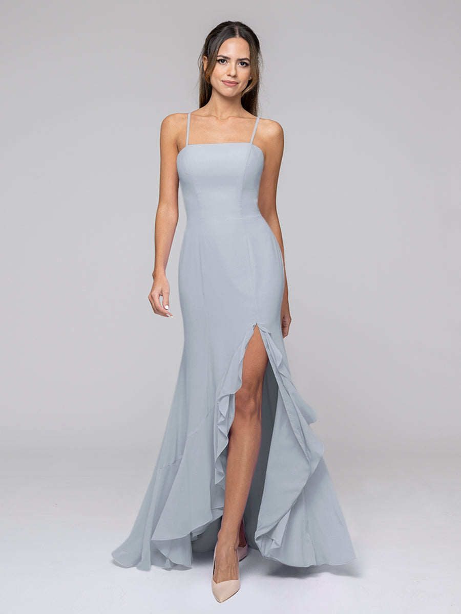 Spaghetti Strap Chiffon Mermaid Bridesmaid Dresses With Ruffles Split