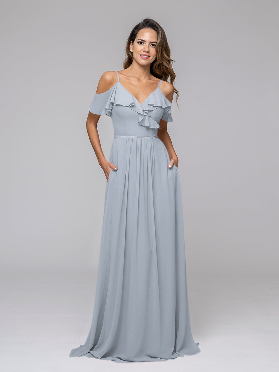 Cold Shoulder Open Back Chiffon Ruffles Long Bridesmaid Dresses