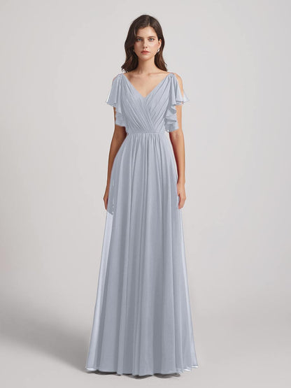 Open Flutter Sleeve Pleated Bodice A Line Bridesmaid Dresses