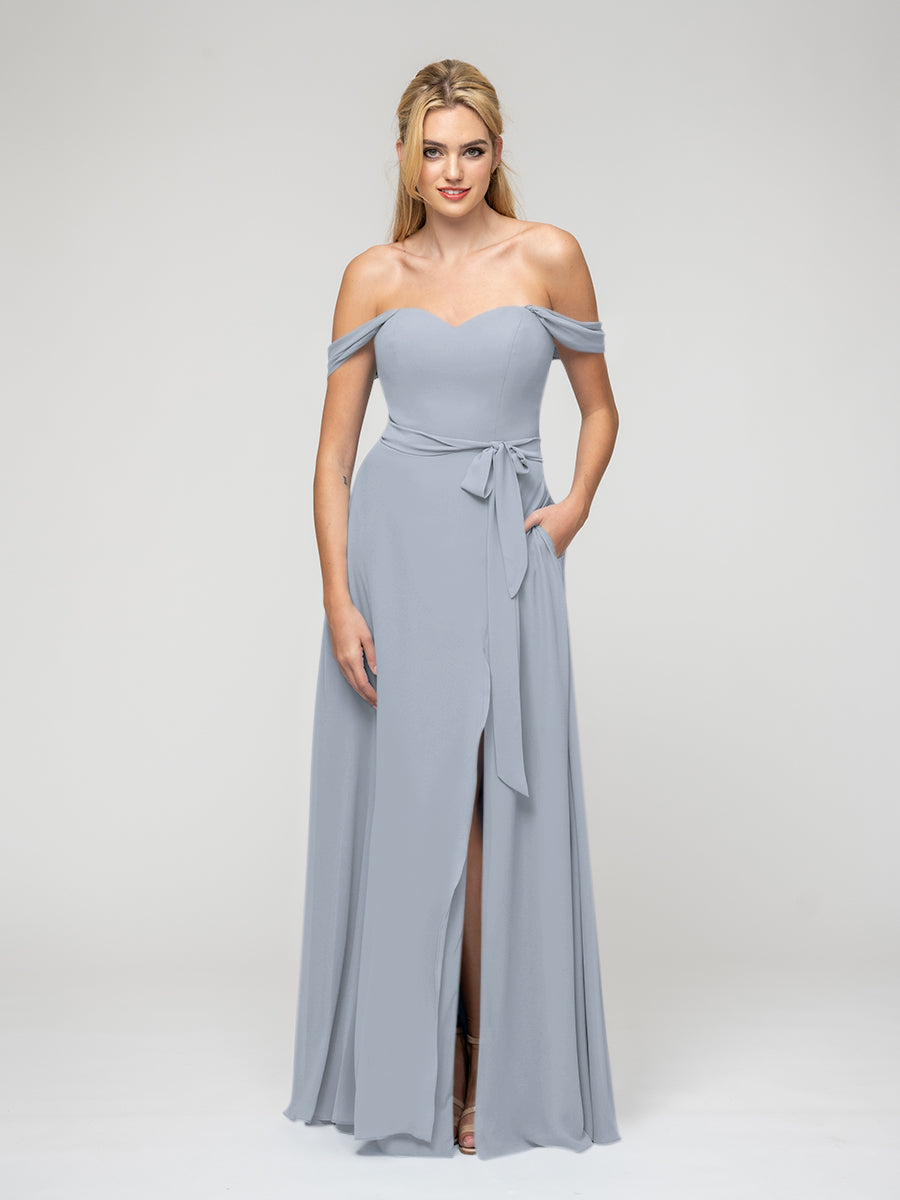 Slit A Line Chiffon Off The Shoulder Bridesmaid Dresses