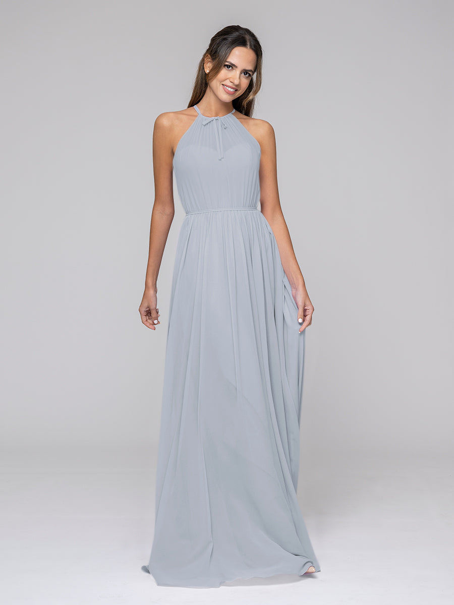 Long Chiffon Halter Bridal Party Dresses With Pleated Bodice