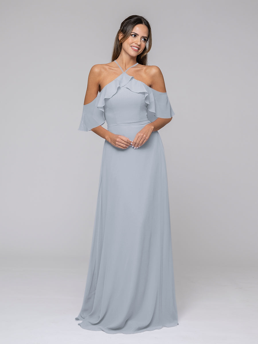 Halter Ruffles Off The Shoulder Chiffon Floor Length Bridesmaid Dresses