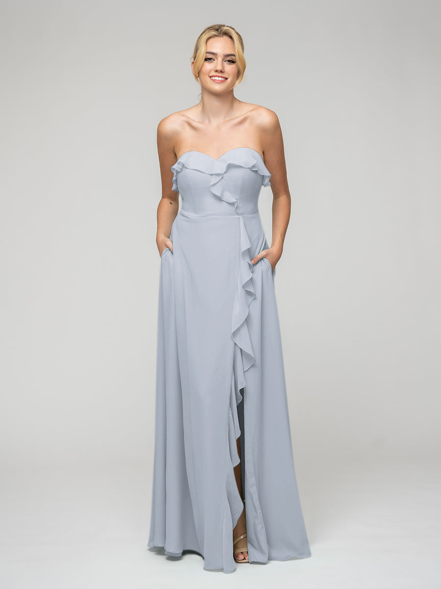 Ruffles Chiffon A Line Strapless Bridesmaid Dresses With Front Slit