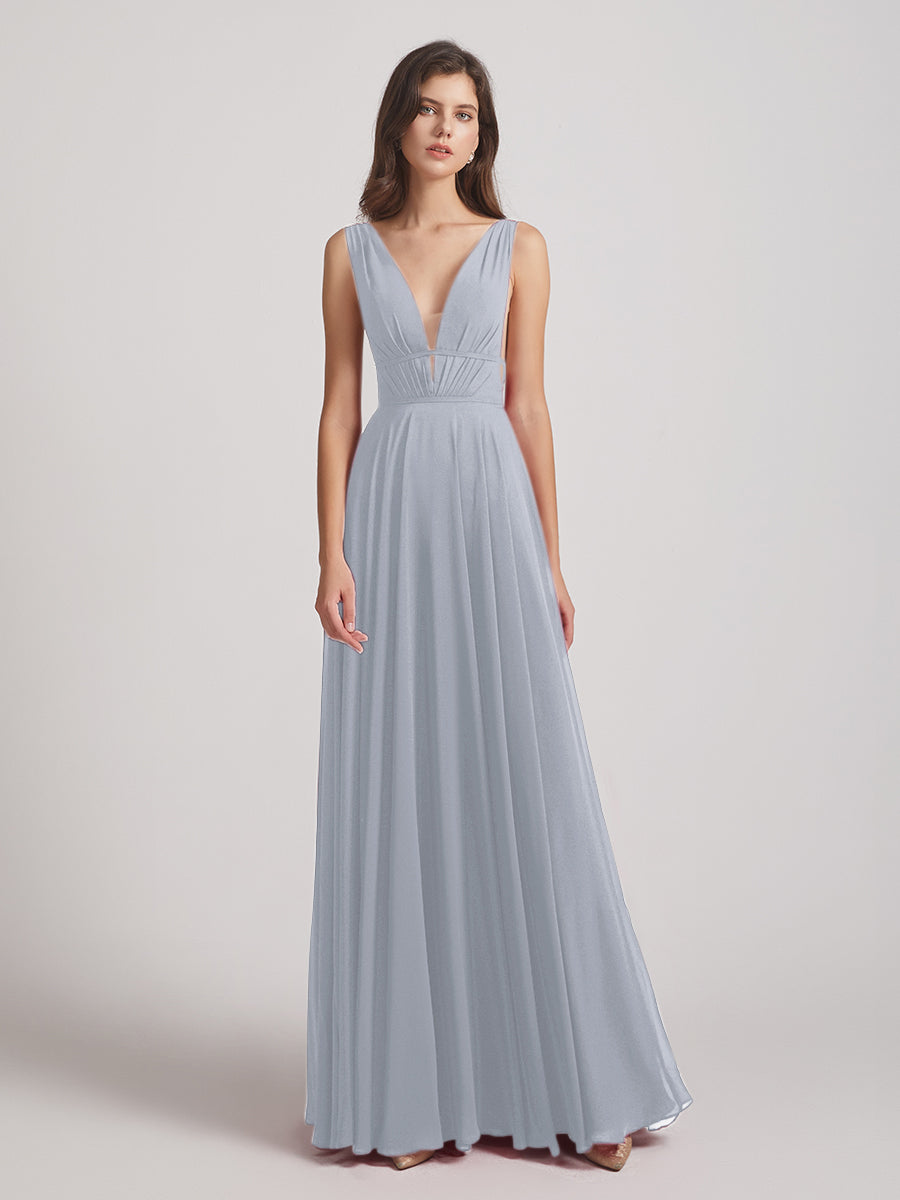 Plunging V Neck Chiffon Bridesmaid Dresses With Low Back