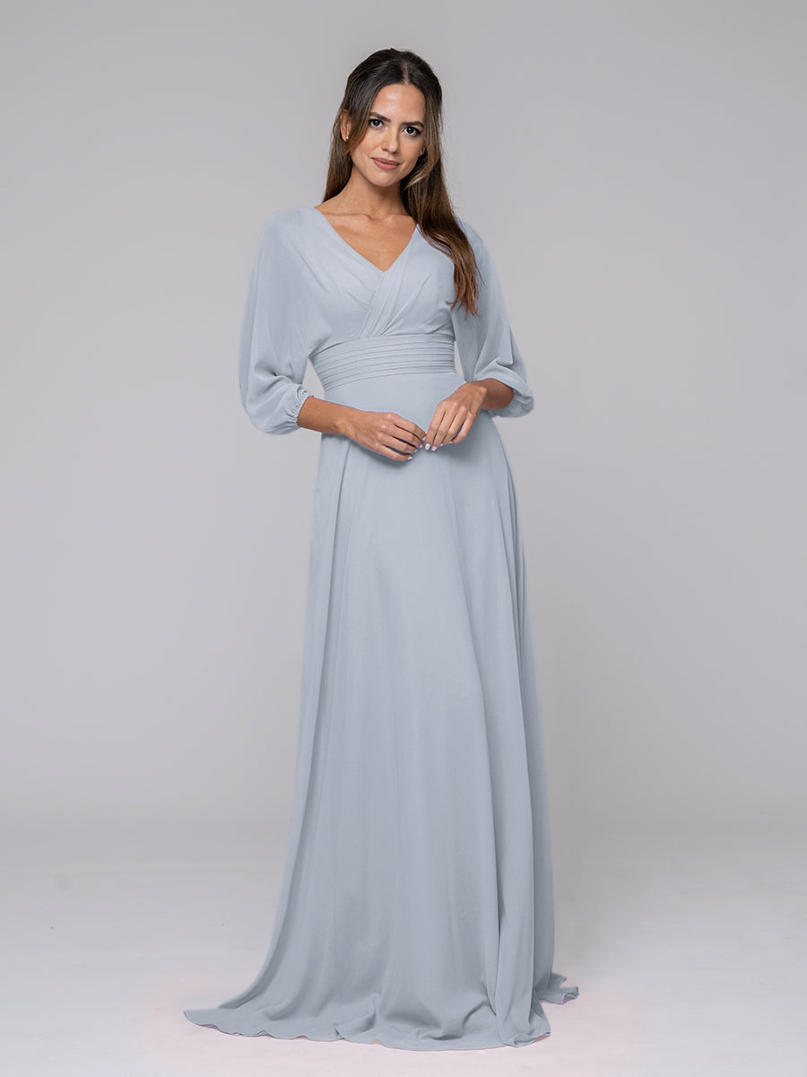 3/4 Lantern Sleeve V Neck Chiffon A Line Bridesmaid Dresses