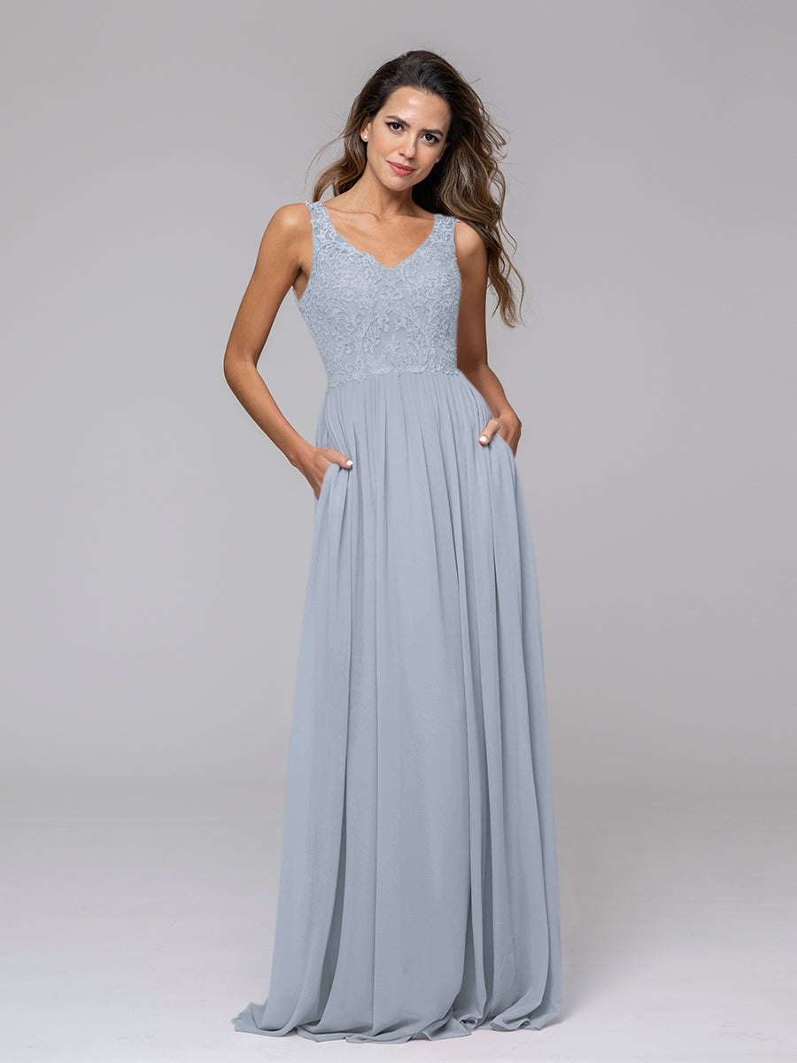 Applique V Neck Keyhole Back A Line Bridesmaid Dresses