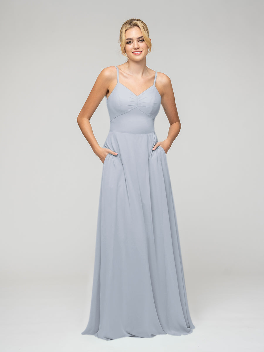 Spaghetti Strap Tie Back Long Chiffon Bridesmaid Dresses