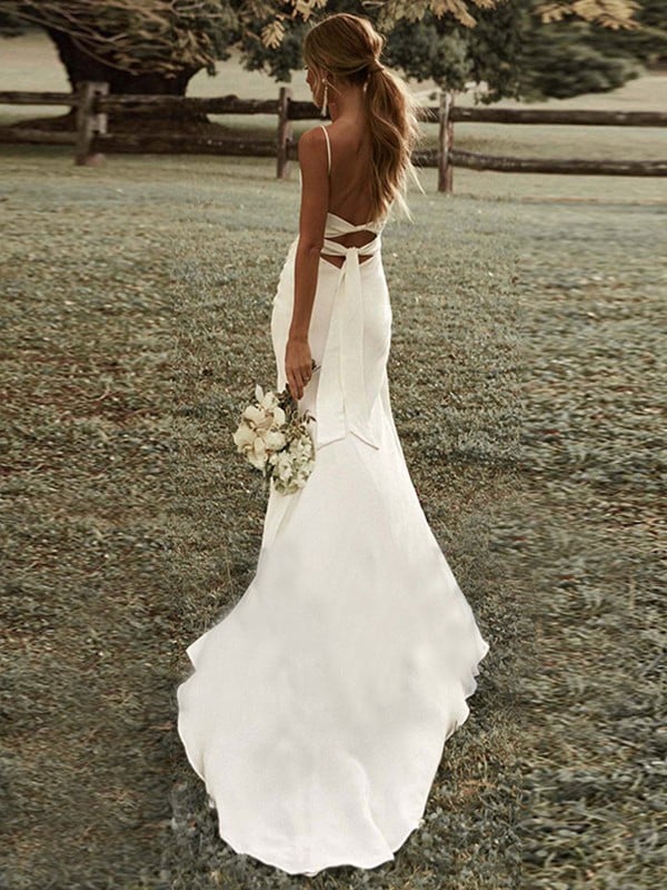 Sheath Crepe Ruched Spaghetti Straps Wedding Dresses