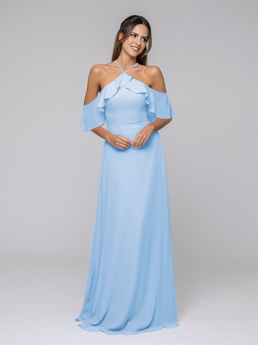 Halter Ruffles Off The Shoulder Chiffon Floor Length Bridesmaid Dresses