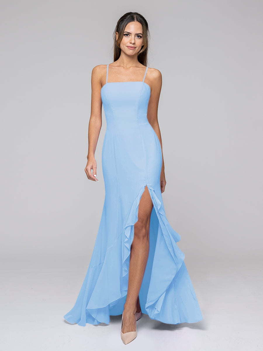 Spaghetti Strap Chiffon Mermaid Bridesmaid Dresses With Ruffles Split