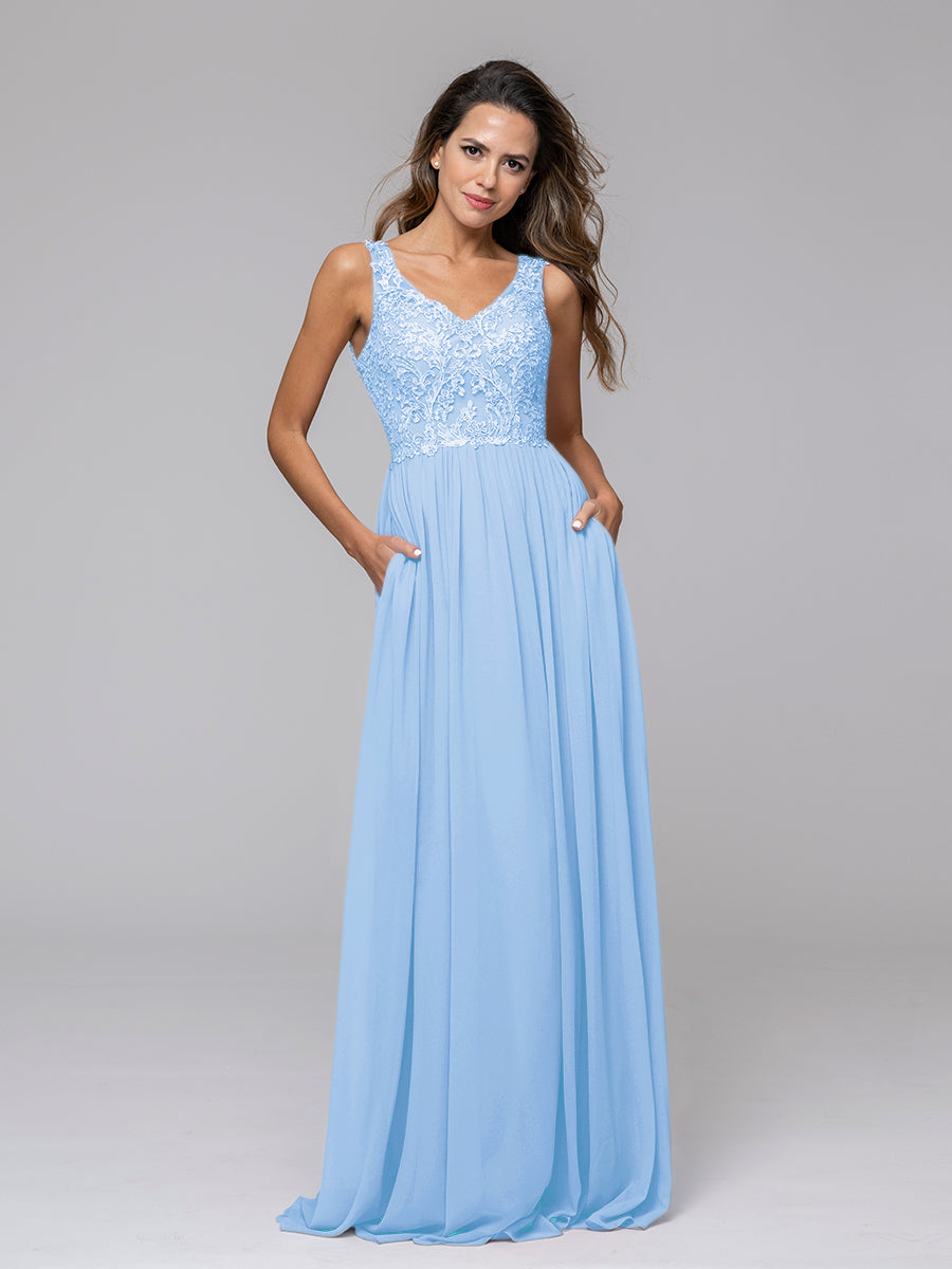 Applique V Neck Keyhole Back A Line Bridesmaid Dresses