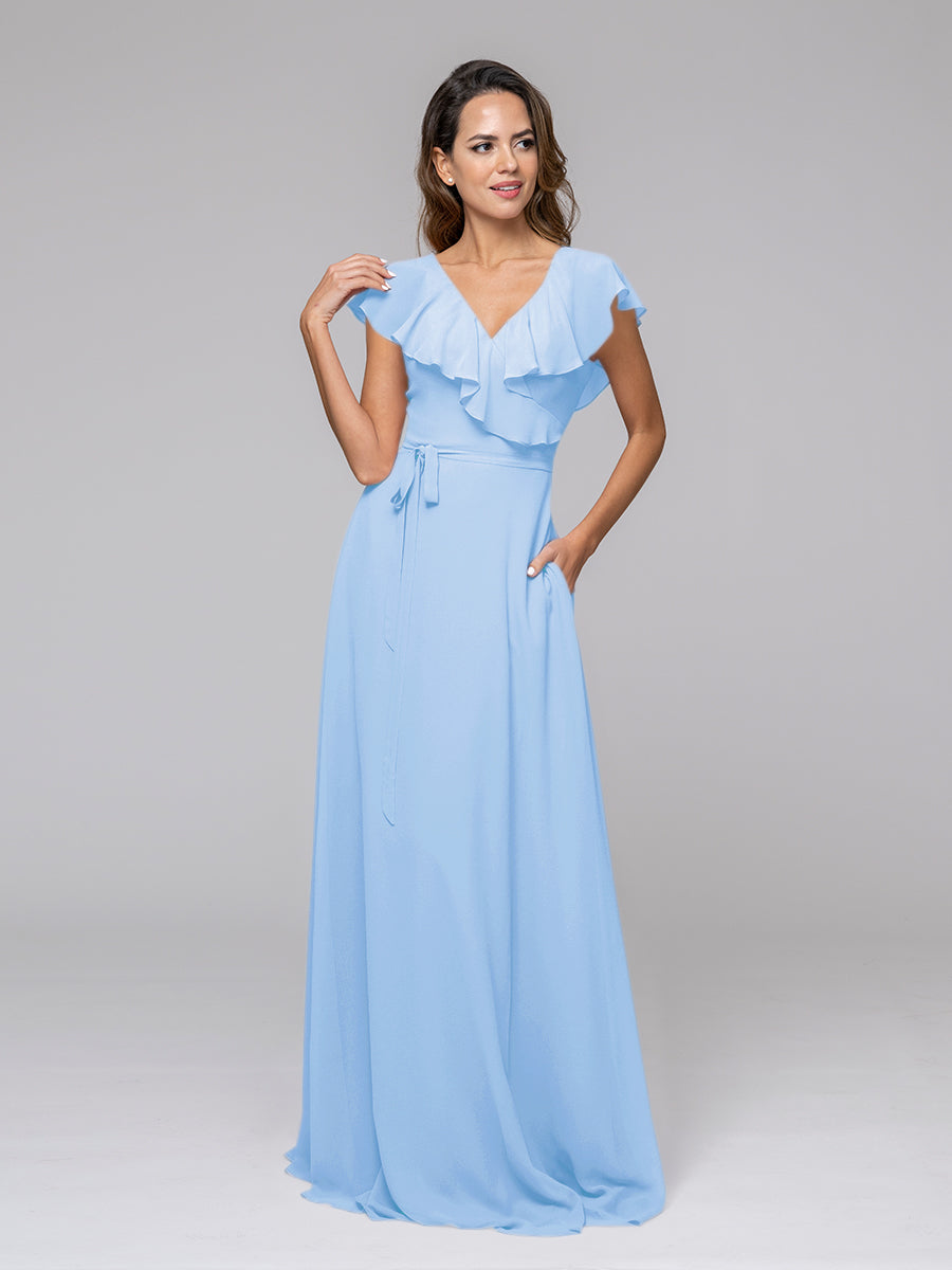Ruffle Sleeve V Neck Belt Bridesmaid Dresses For Wedding
