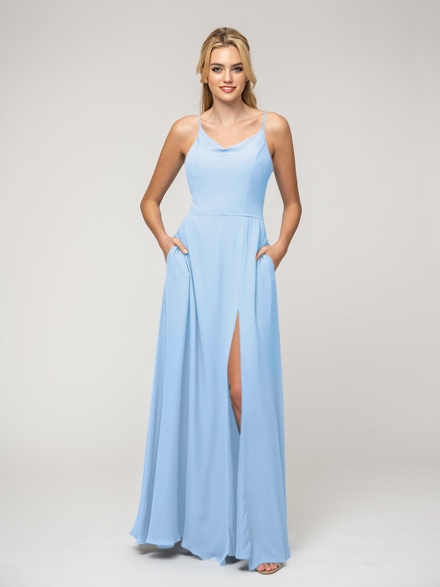 A Line Cowl Neckline Chiffon Spaghetti Straps Bridesmaid Dresses