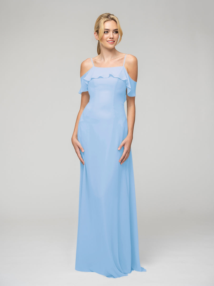 Cold Shoulder Ruffles Chiffon Bridesmaid Dresses With Open Back