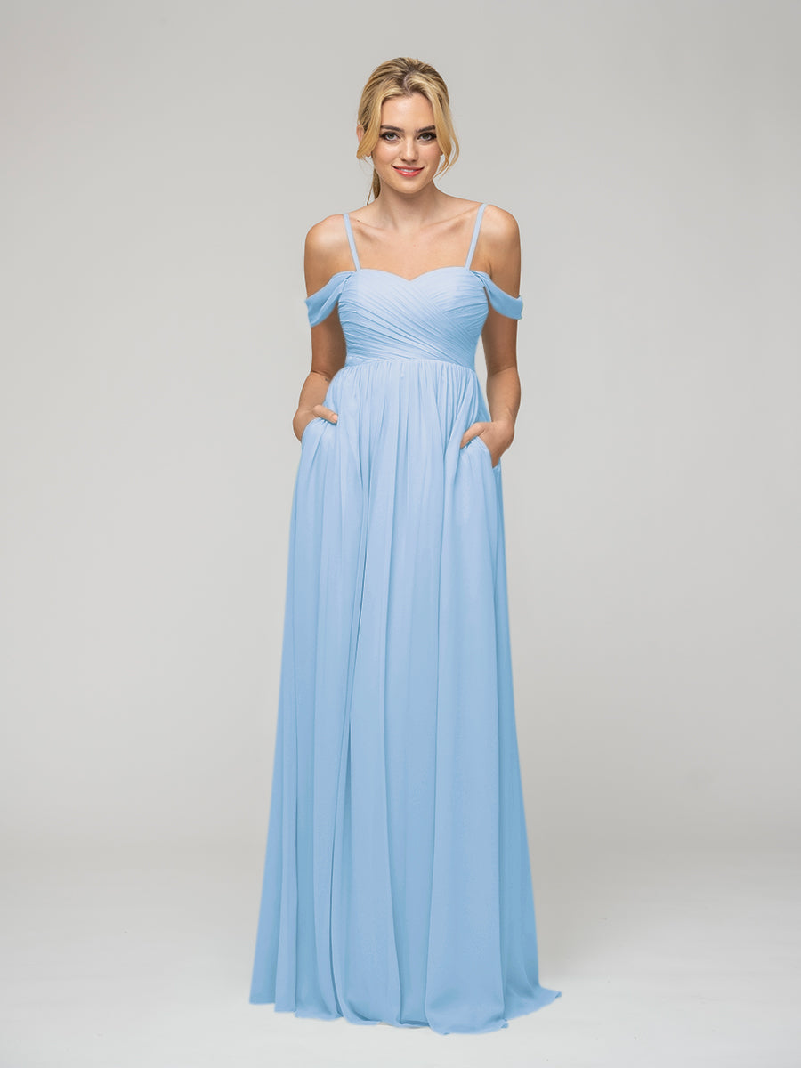 Cold Shoulder Chiffon Bridesmaid Dresses With Draped Bodice