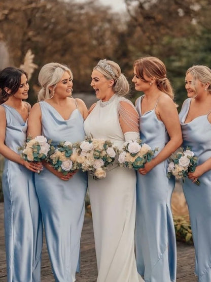 Sky Blue Strap Maxi Cowl Neckline Satin Bridesmaid Dresses