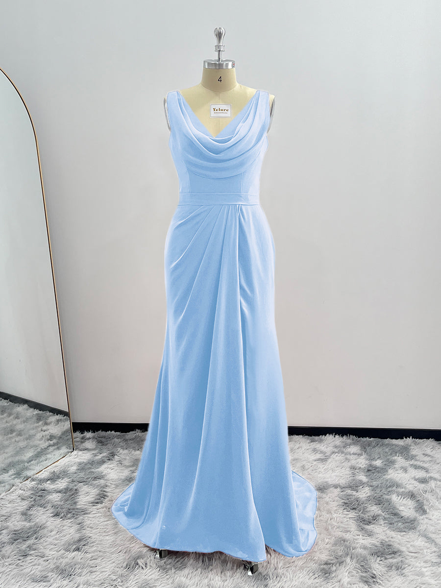 Sheath Cowl Neck Sleeveless Chiffon Bridesmaid Dresses With Slit and Ruffles