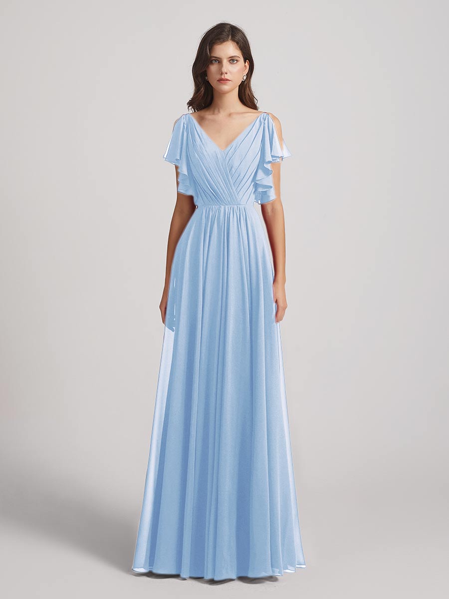 Open Flutter Sleeve Pleated Bodice A Line Bridesmaid Dresses