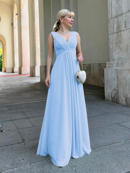 Straps Draped V-Neck Shirred Chiffon A Line Bridesmaid Dresses