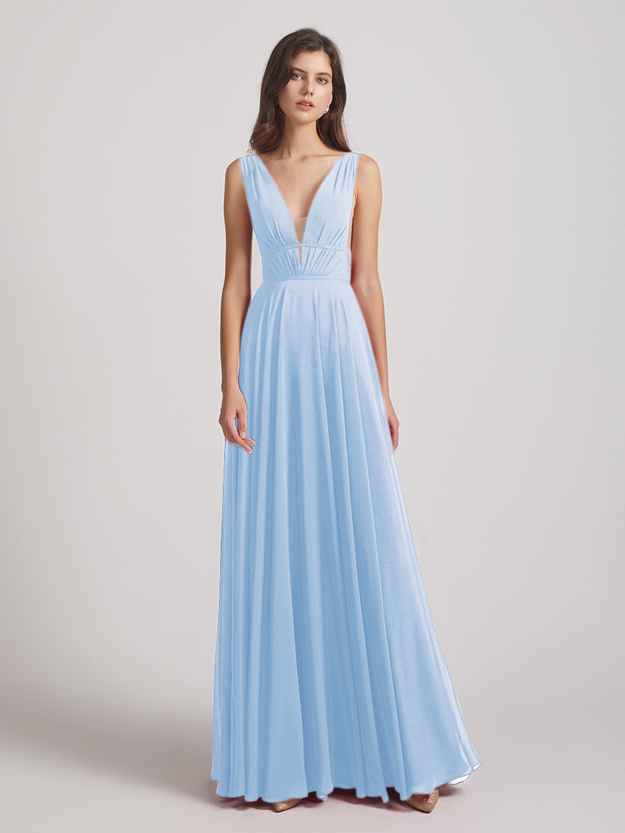 Plunging V Neck Chiffon Bridesmaid Dresses With Low Back