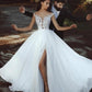 Nude Scoop Neckline Applique Slit Wedding Dresses