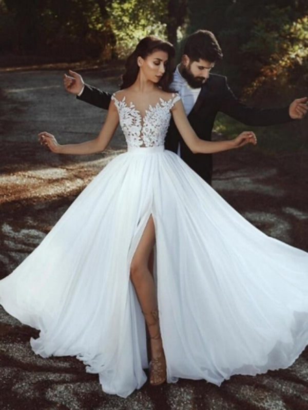 Nude Scoop Neckline Applique Slit Wedding Dresses