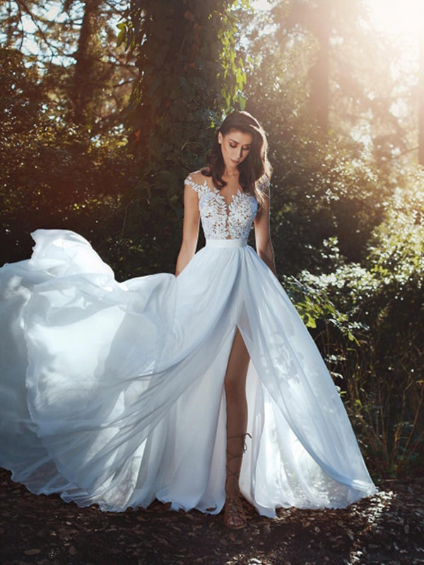 Nude Scoop Neckline Applique Slit Wedding Dresses