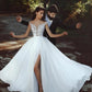 Nude Scoop Neckline Applique Slit Wedding Dresses
