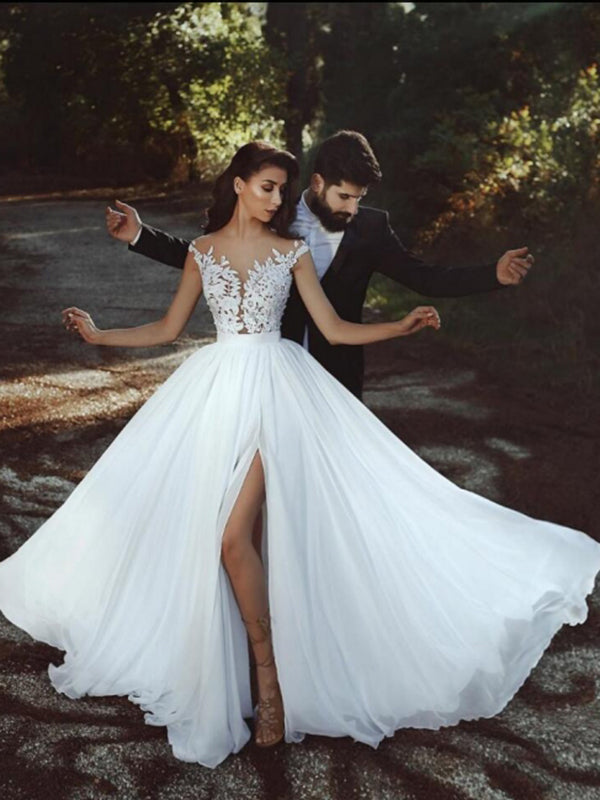 Nude Scoop Neckline Applique Slit Wedding Dresses