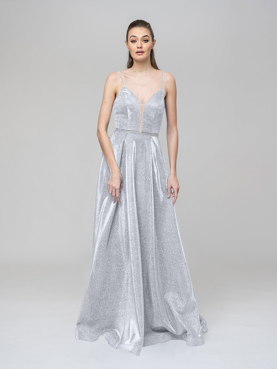 Plunging V Neck Criss Cross Back A Line Prom Dresses