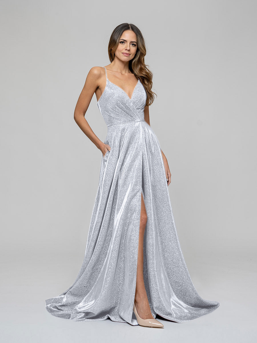 Plunging V Neck Ruched A Line Prom Dresses