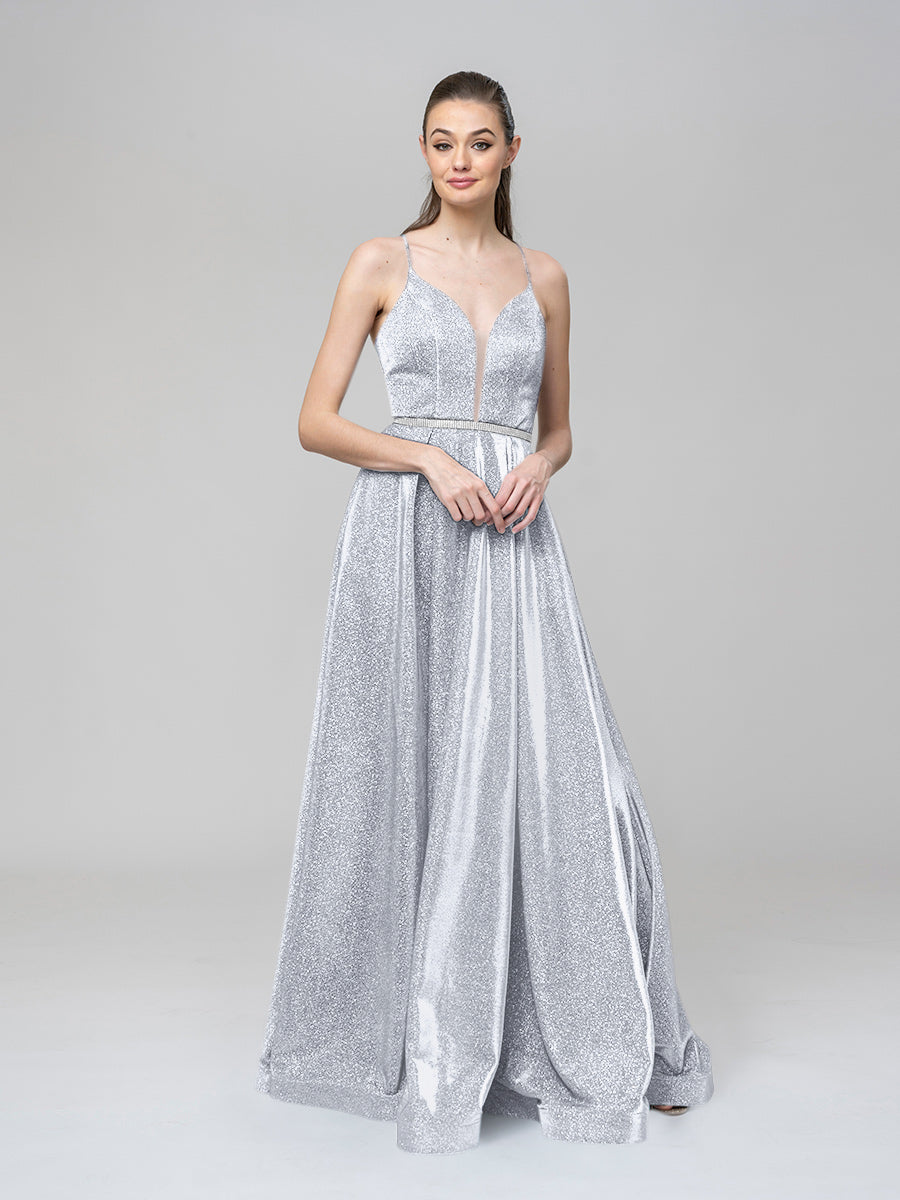 A Line Metallic Glitter Formal Party Prom Dresses With Beaded Waist