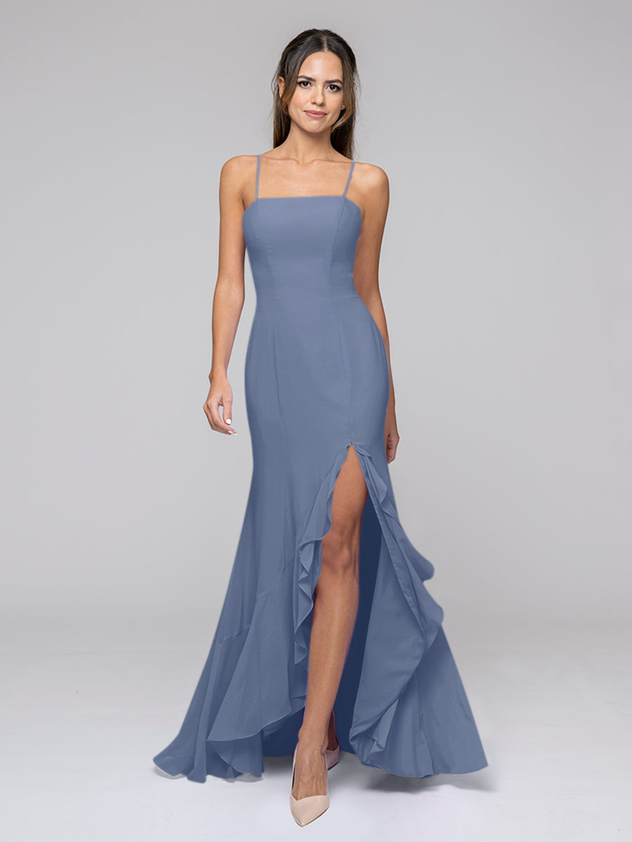 Spaghetti Strap Chiffon Mermaid Bridesmaid Dresses With Ruffles Split