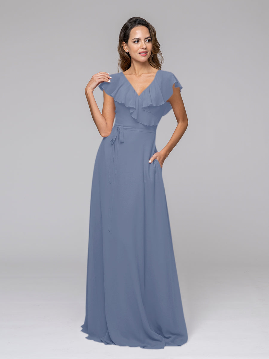 Ruffle Sleeve V Neck Belt Bridesmaid Dresses For Wedding