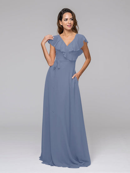 Ruffle Sleeve V Neck Belt Bridesmaid Dresses For Wedding