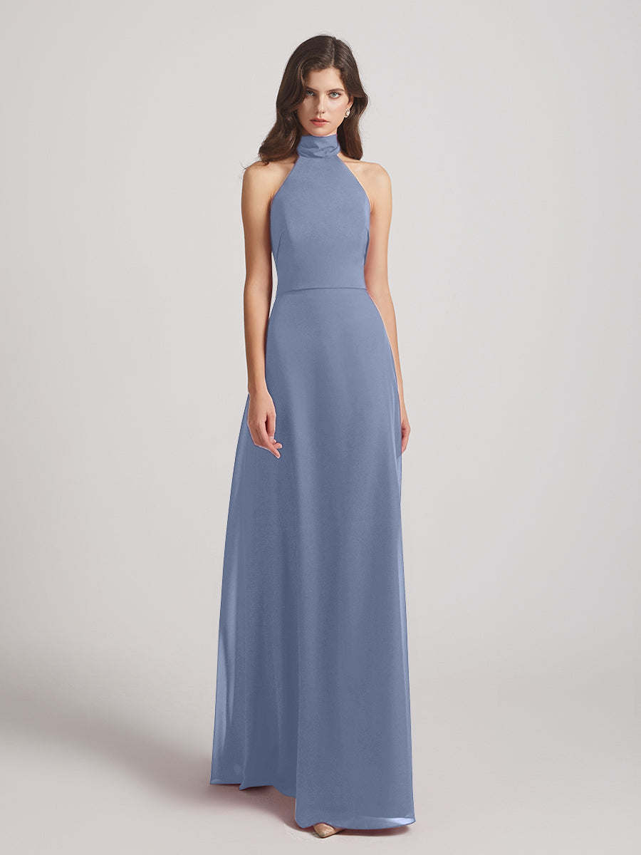 High Neck Chiffon Bridesmaid Dresses With Ribbons