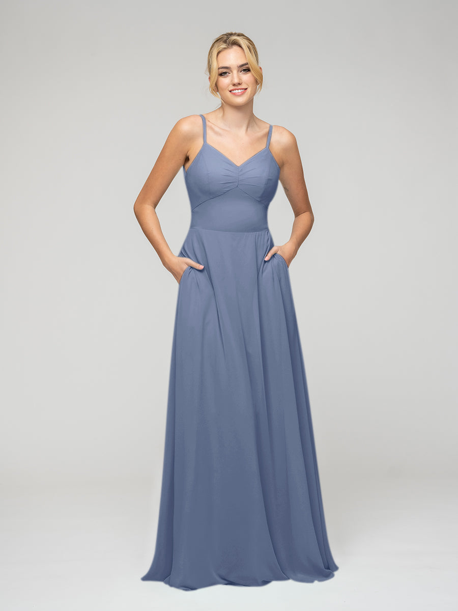 Spaghetti Strap Tie Back Long Chiffon Bridesmaid Dresses