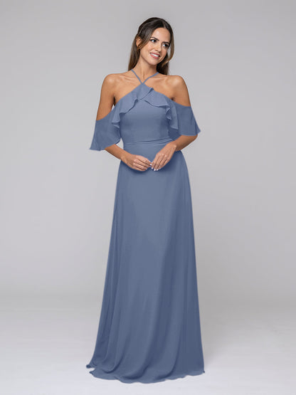 Halter Ruffles Off The Shoulder Chiffon Floor Length Bridesmaid Dresses