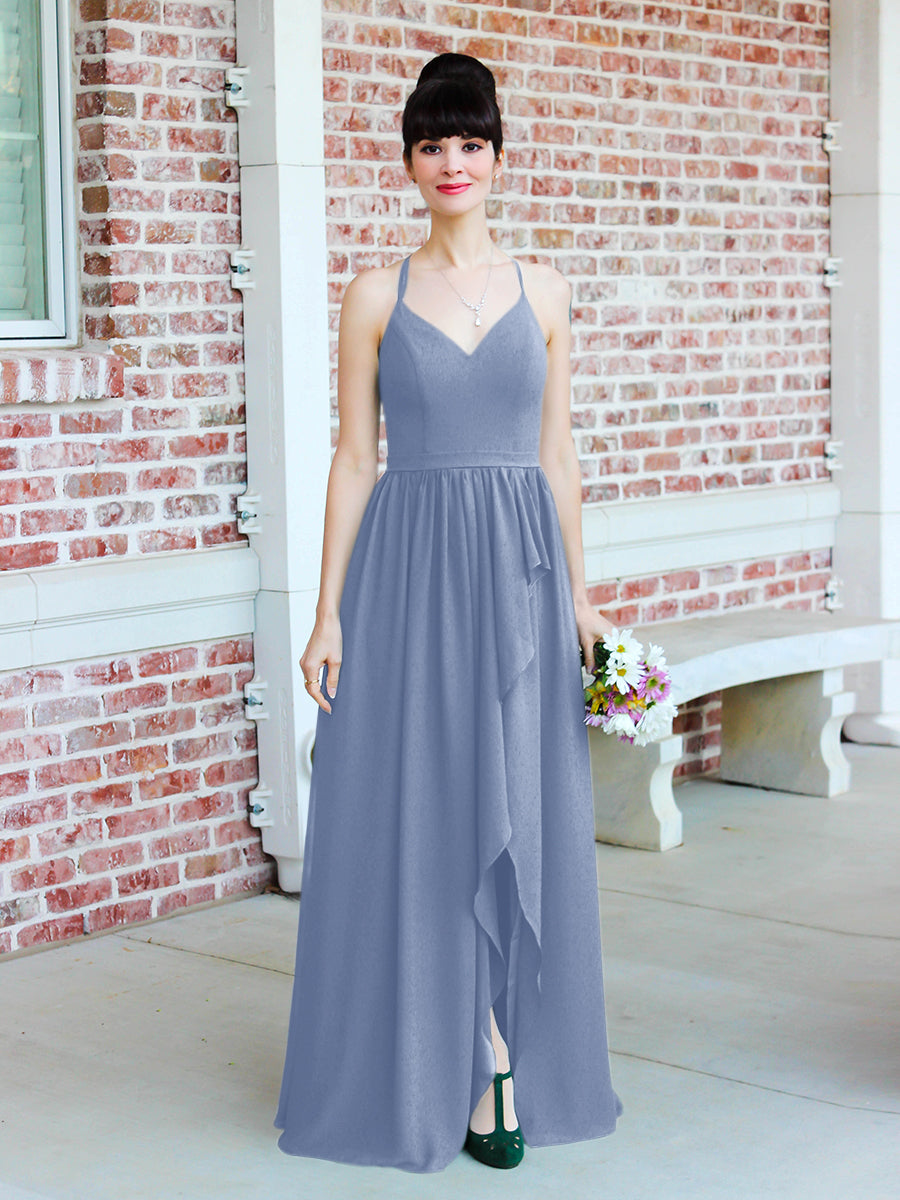 Chiffon Tie Back Bridesmaid Dresses With Ruffles Slit