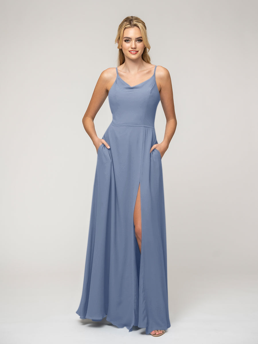 Cowl Neckline Chiffon Spaghetti Straps Bridesmaid Dresses