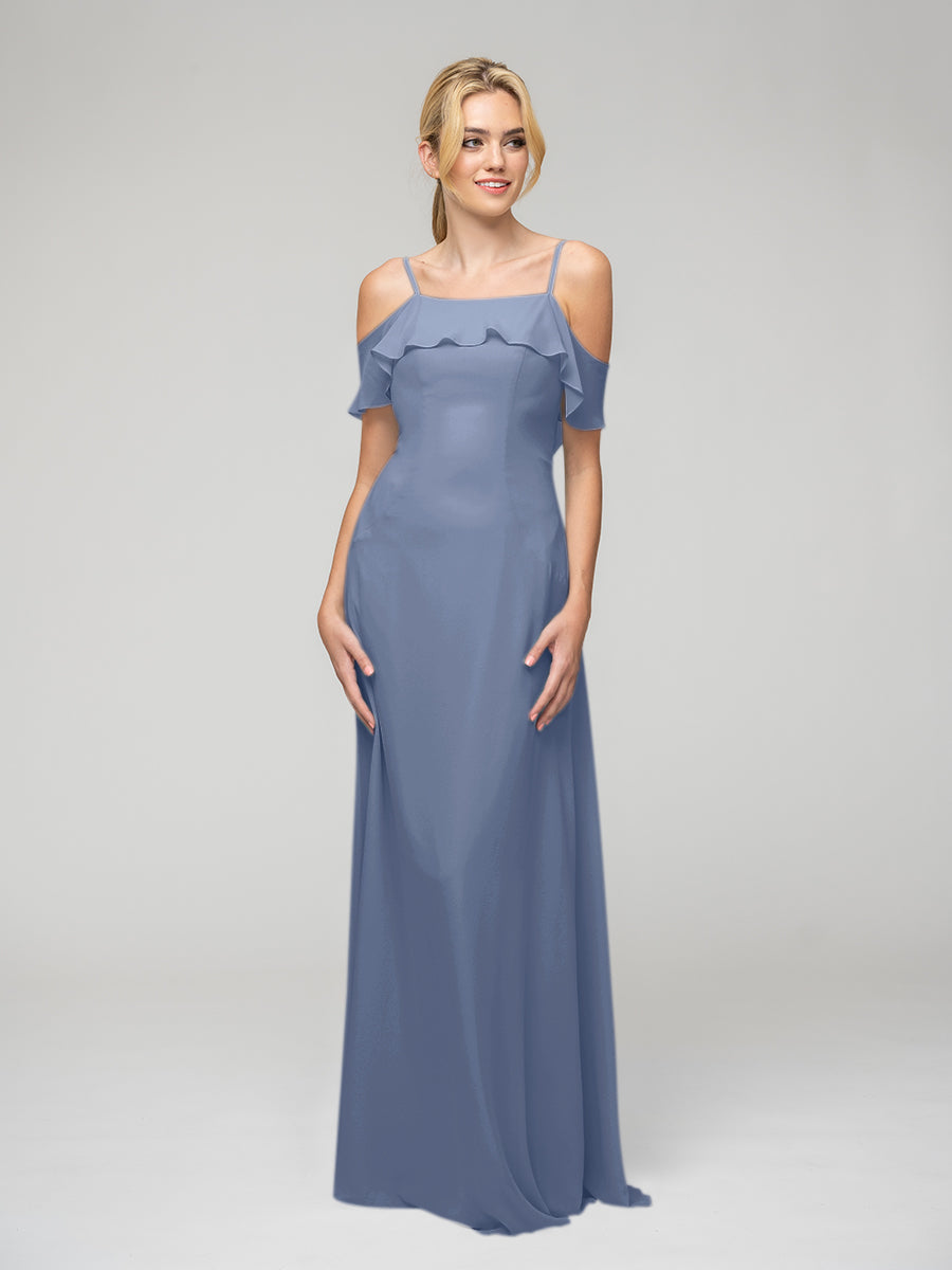 Cold Shoulder Ruffles Chiffon Bridesmaid Dresses With Open Back