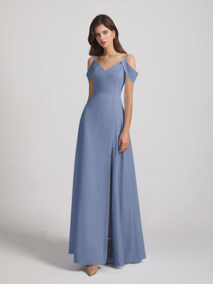 Chiffon Cold Shoulder V Neck Bridesmaid Dresses With Slit