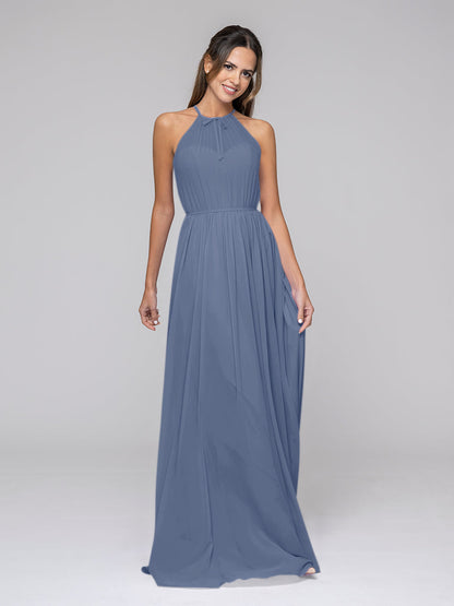 Long Chiffon Halter Bridal Party Dresses With Pleated Bodice