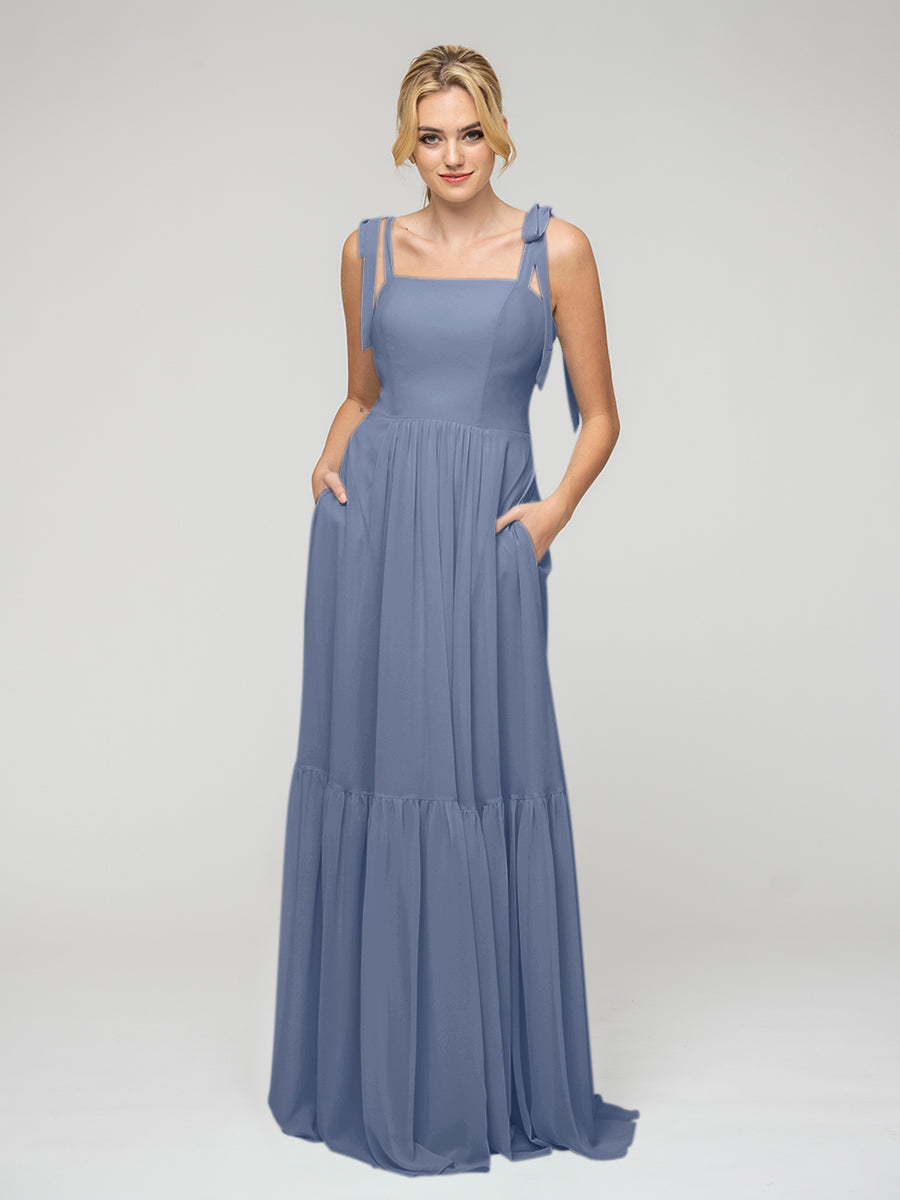 Tied Strap Tiered Smock Open Back Chiffon Bridesmaid Dresses