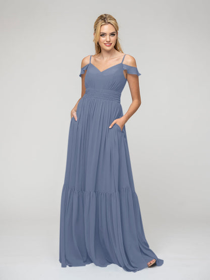 Pleats Bodice Chiffon Cold Shoulder Tie Back Bridesmaid Dresses