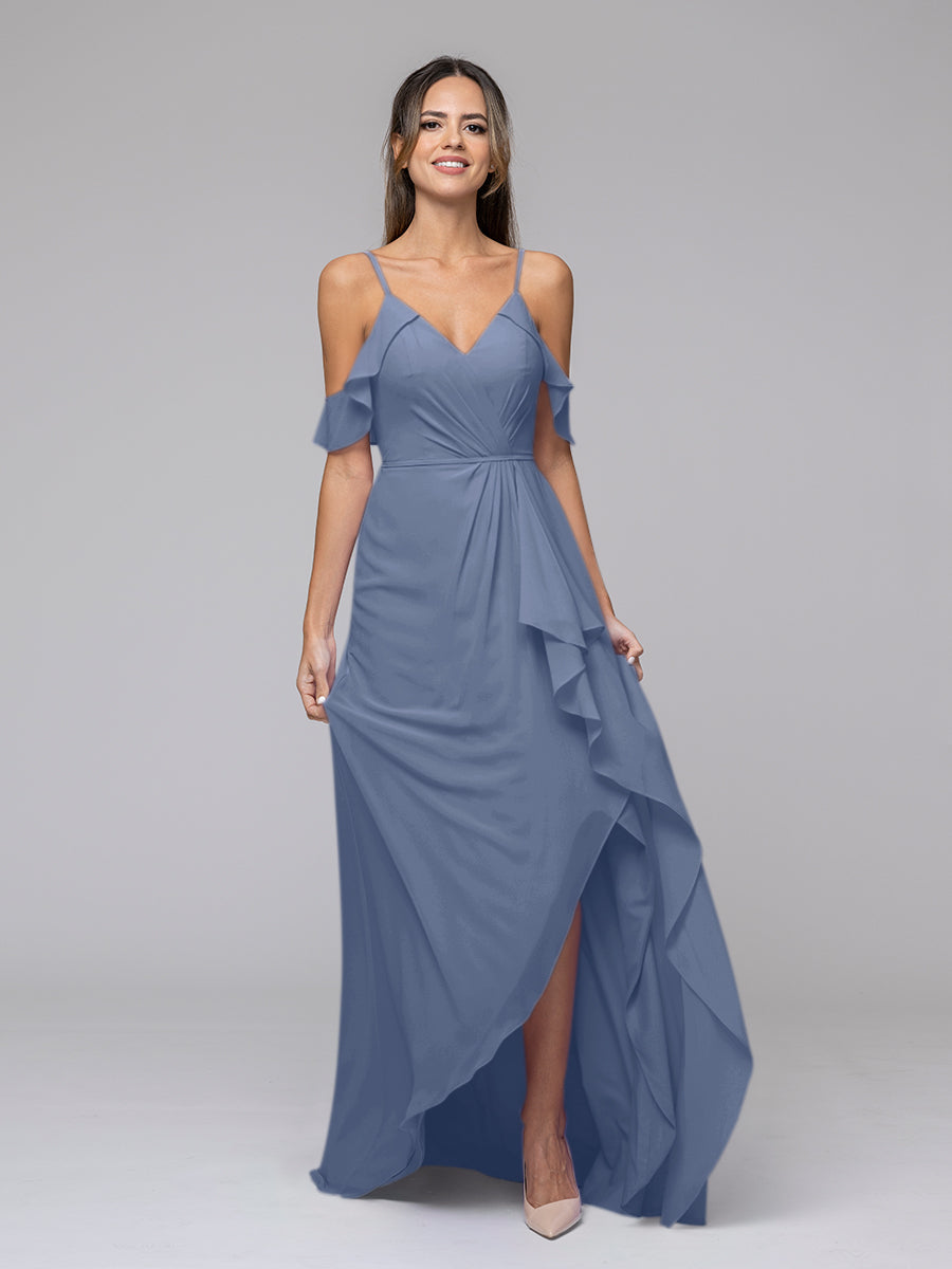 Cold Shoulder Chiffon Open Back High Low Bridesmaid Dresses