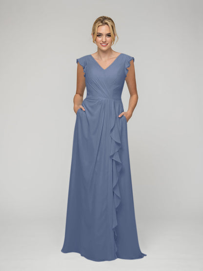 V Neck Chiffon Cap Sleeves Long Bridesmaid Dresses