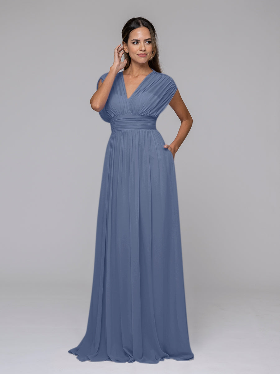 Chiffon V Neck Cap Sleeve Floor Length Bridesmaid Dresses