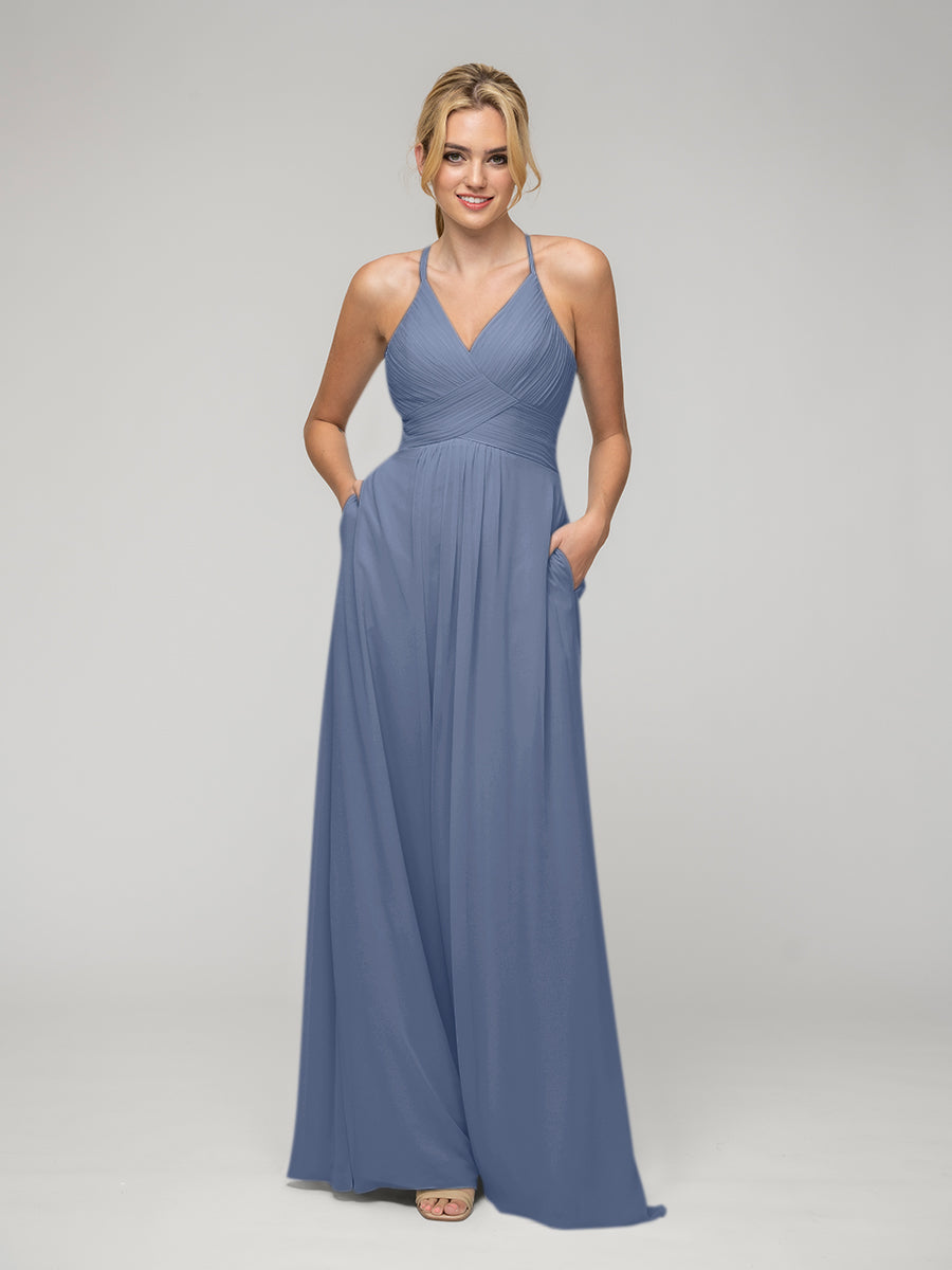 Chiffon Sweetheart Pocket Bridesmaid Dresses With Crisscross Back